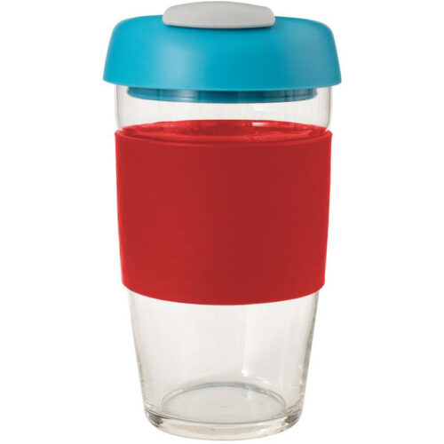 Glass Gocup Reusable Coffee Cup 473ml - Red/aqua/grey